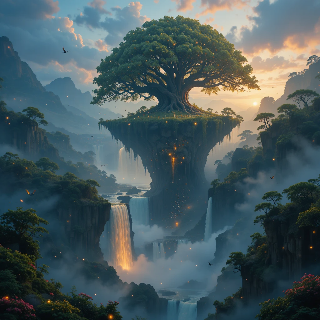 Ancient floating tree above a glowing skyward waterfall