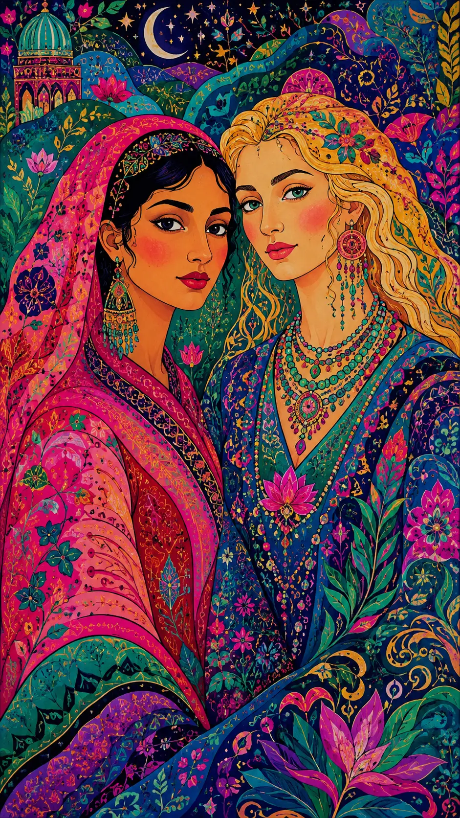 Due donne in una vivace illustrazione psichedelica di arte folkloristica