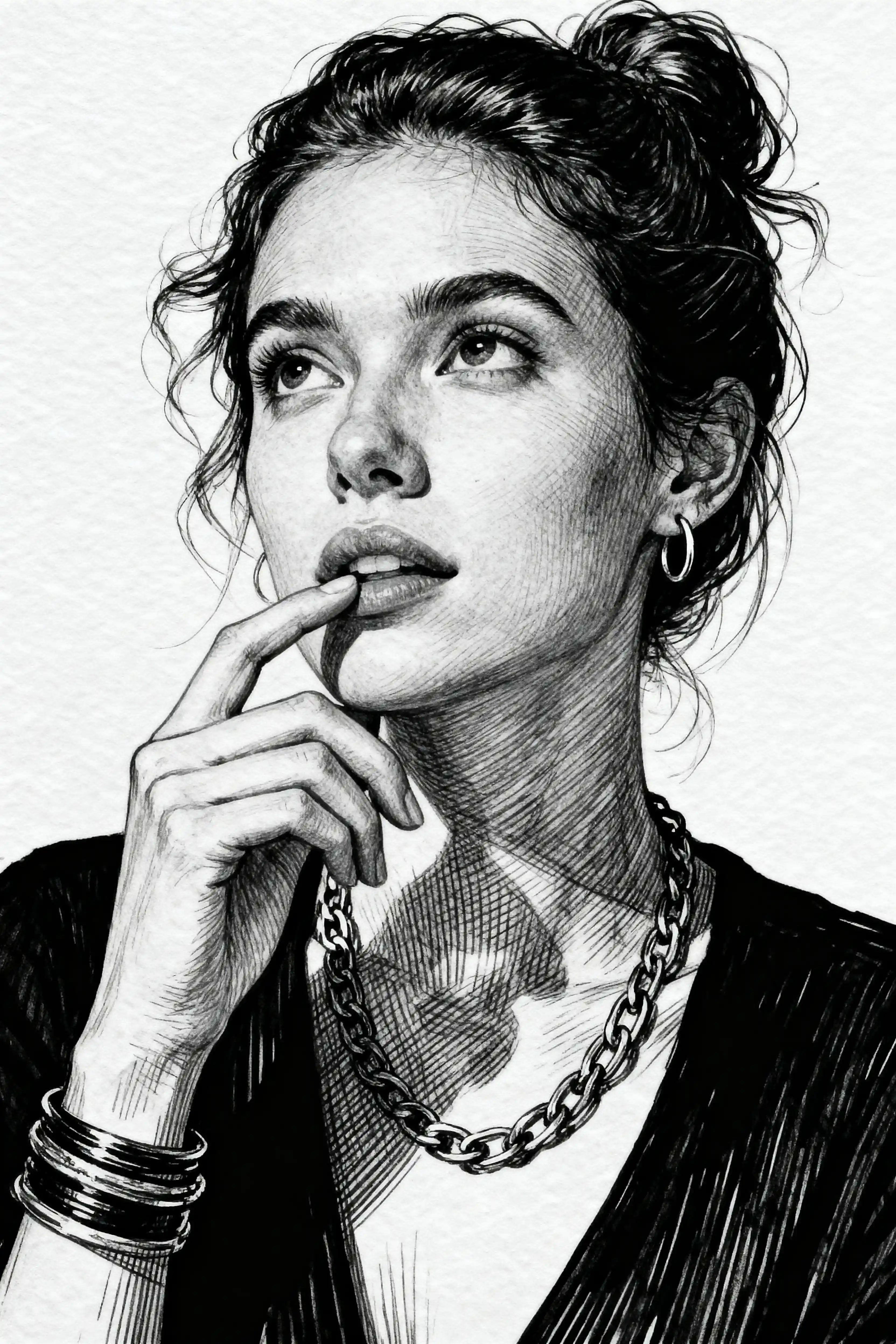 Thoughtful woman portrait in expressive ink line drawing