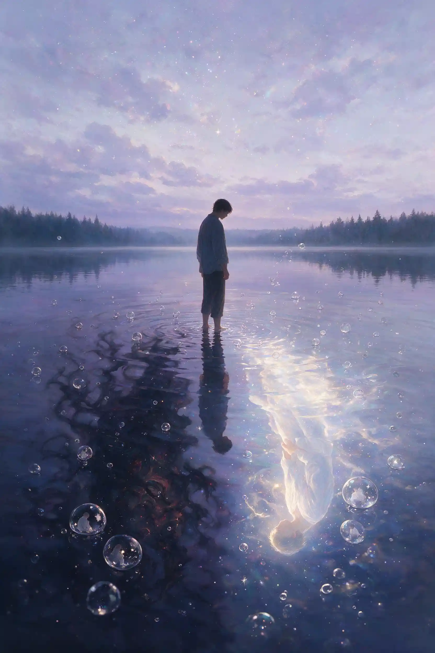 Woman in contemplation above water reflecting dark thoughts