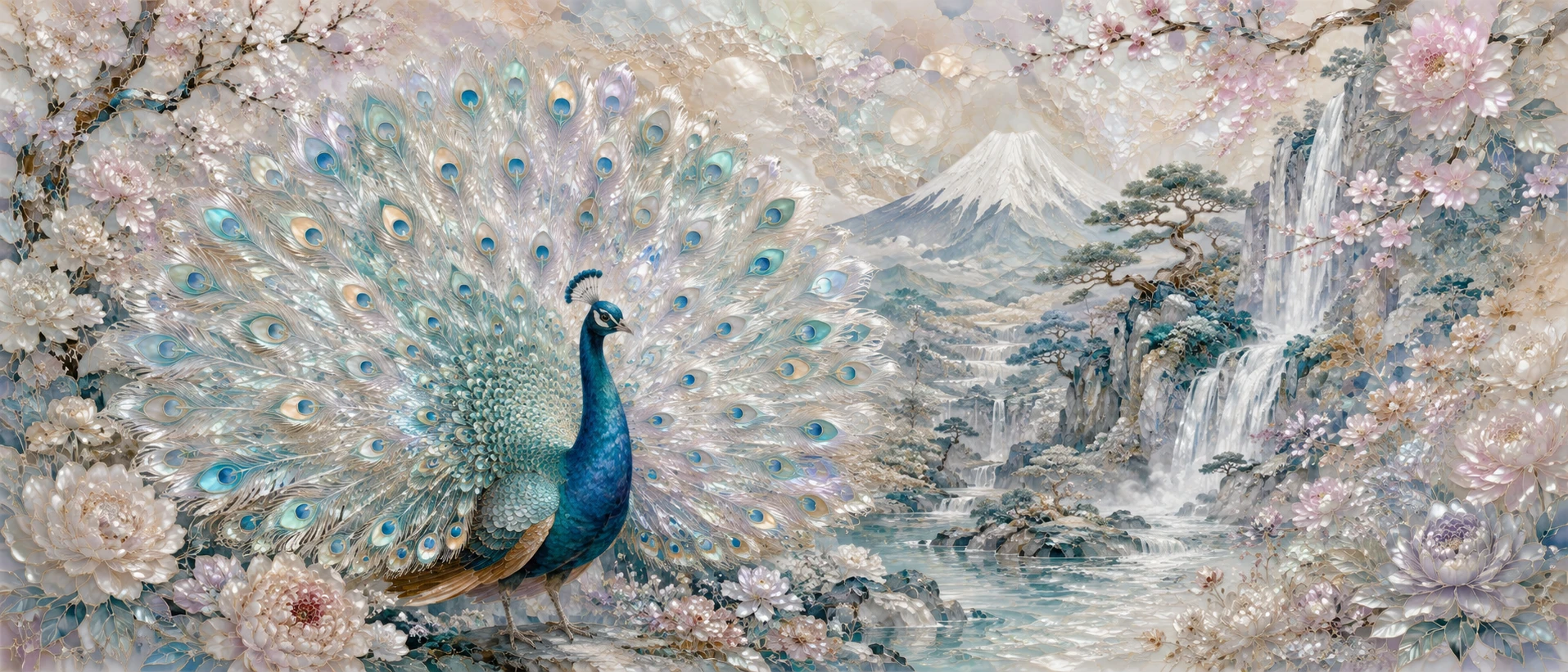 Majestuoso pavo real ante un paisaje de cascada japonesa