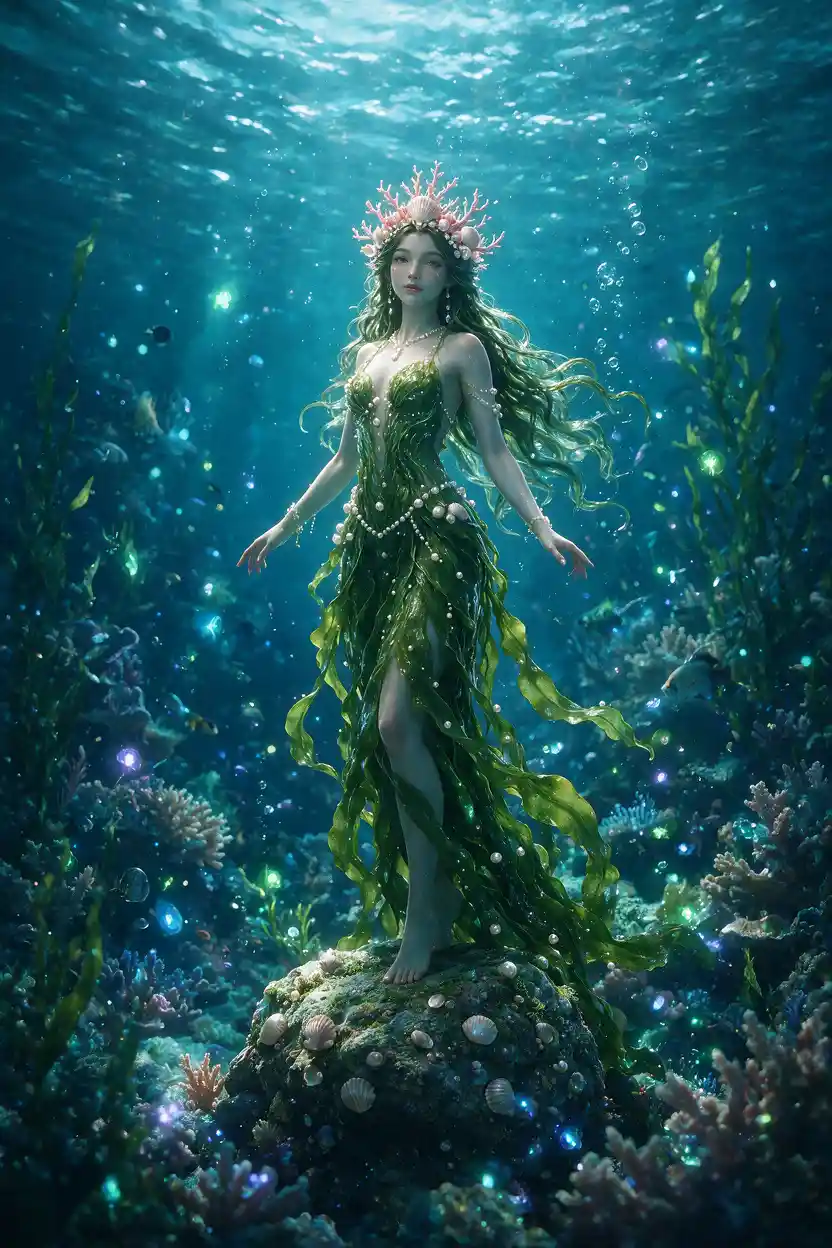 Ocean nymph in a glowing underwater fantasy realm