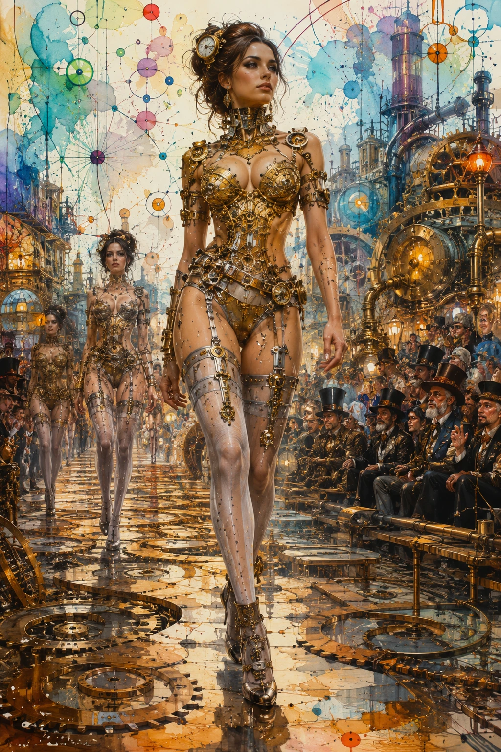 Futuristic Victorian models on a mechanical watercolor runway