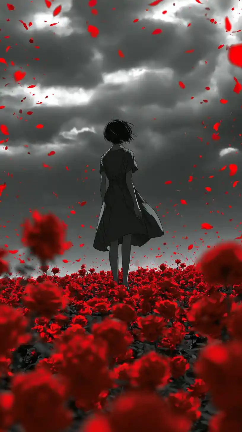 Woman in a field of red roses under a dark sky