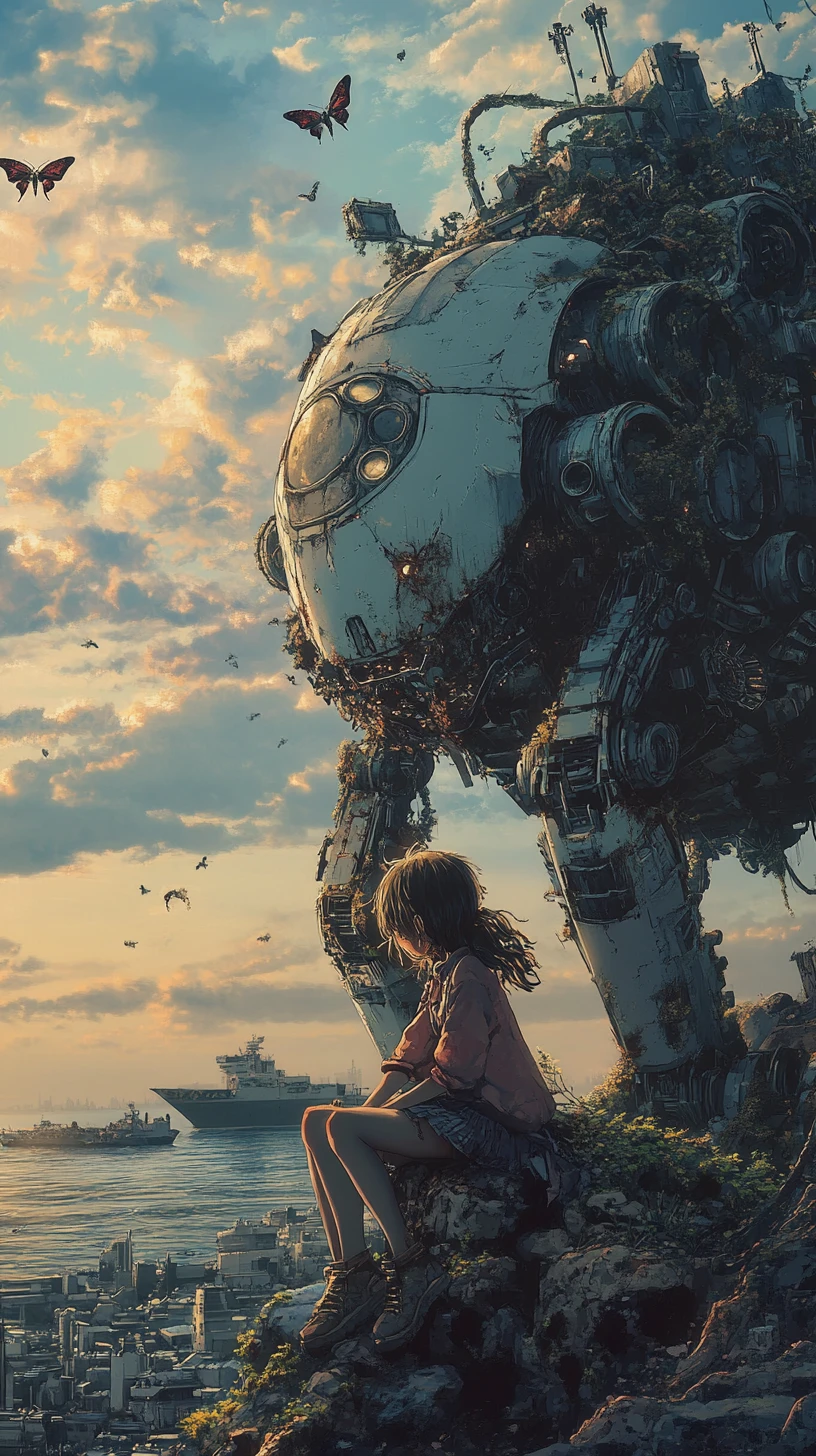 Ragazza anime che riposa su un robot distrutto all'alba