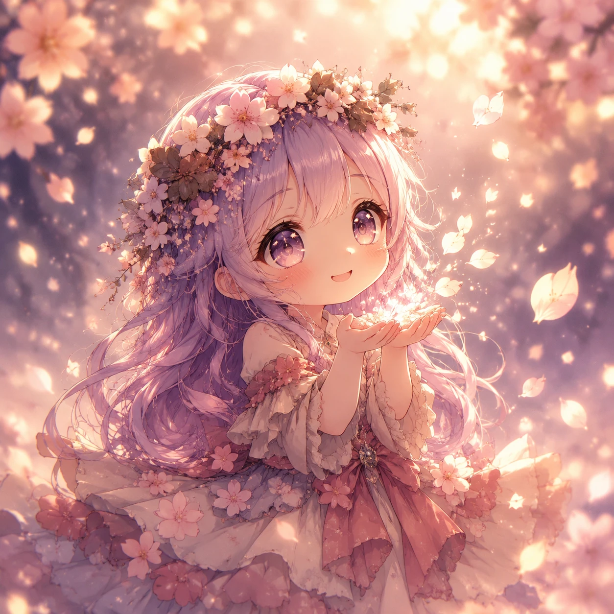 Chibi anime girl catching glowing cherry blossom petals