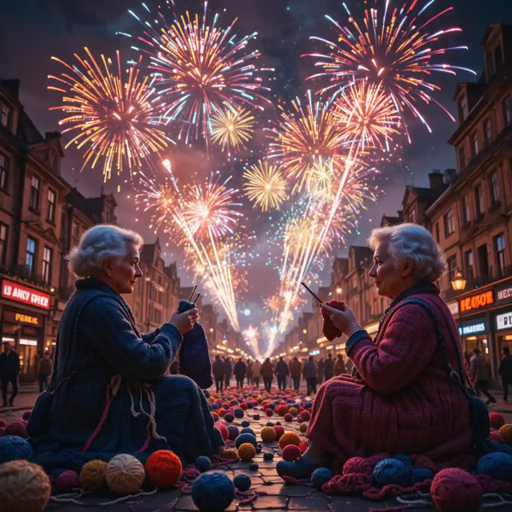Nonne magiche che lavorano a maglia fuochi d'artificio di filato in una piazza accogliente