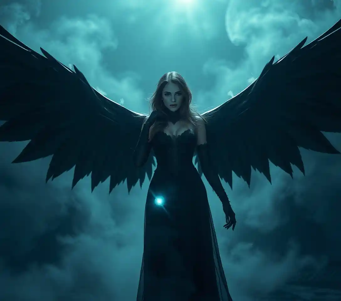 Enchanting sorceress with shadowy wings in a dark void