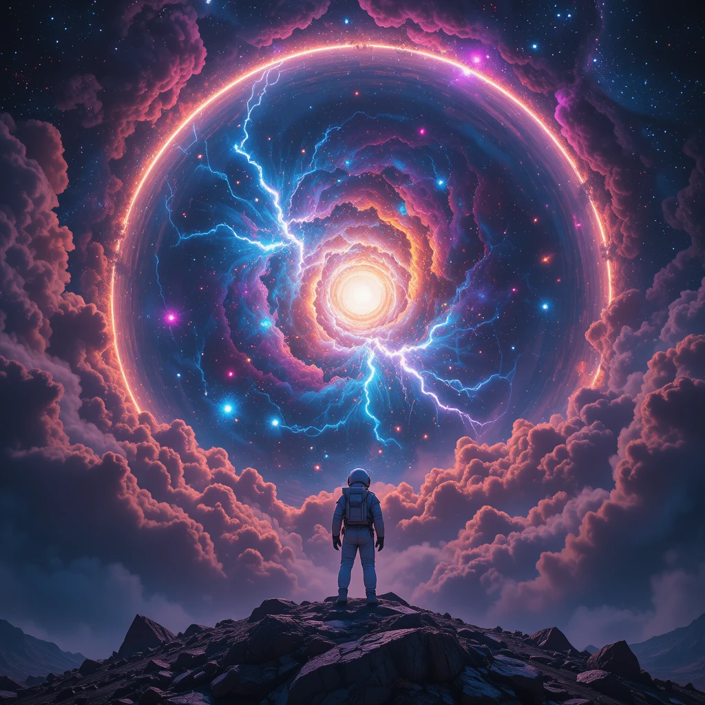 Astronaut On Crystal Planet Watching Colliding Galaxies