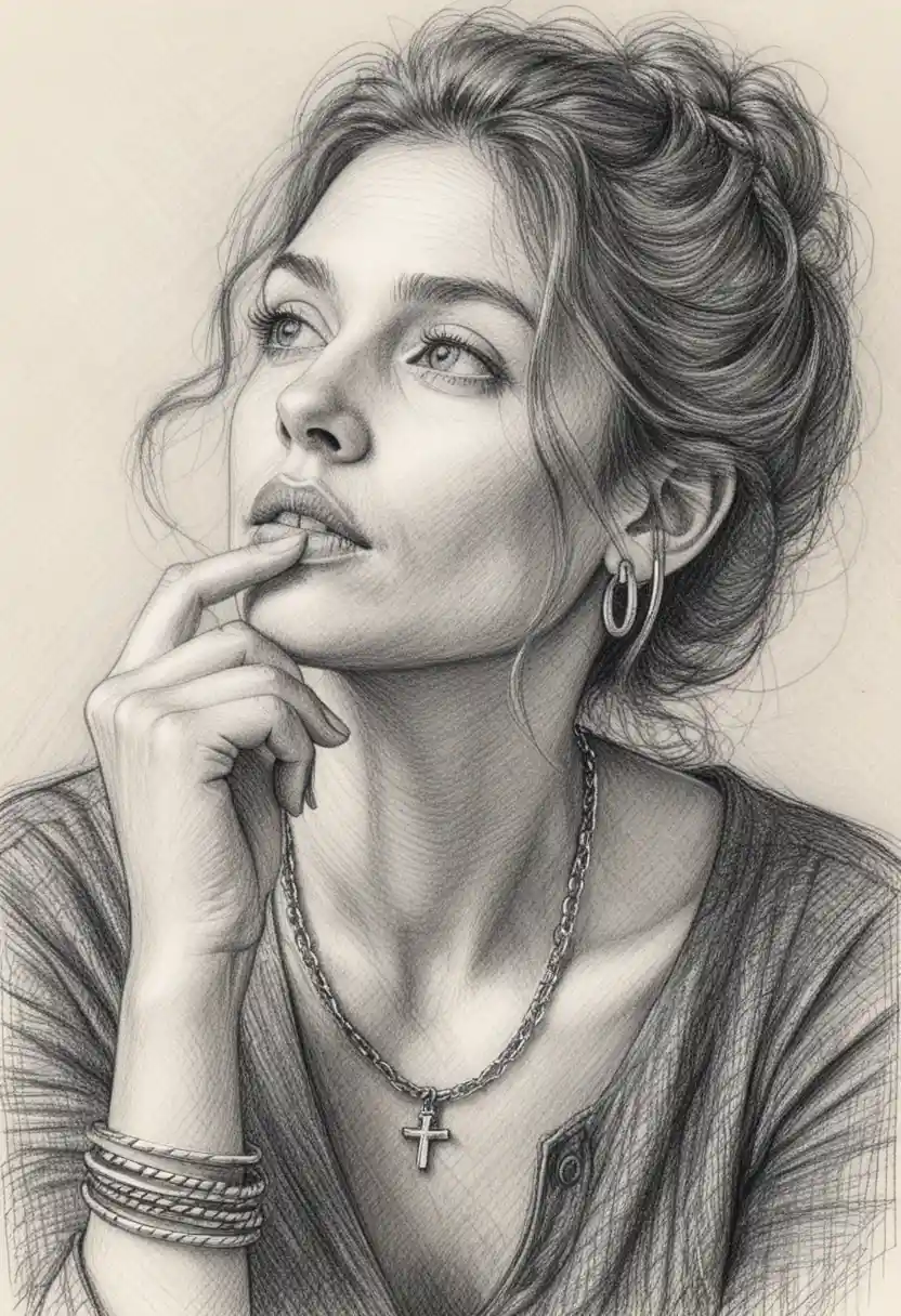 Thoughtful woman portrait in expressive ink line drawing