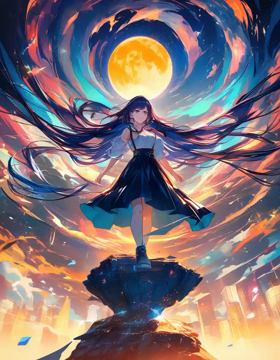 Anime woman on city rooftop with fallen glowing moon