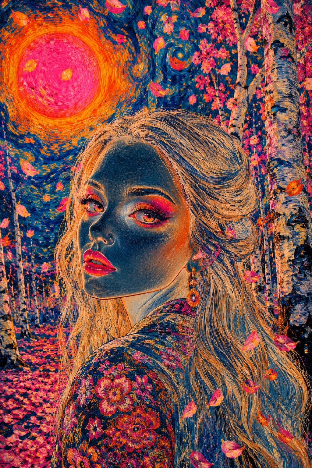 Whimsical surreal woman with birch trees and cascading petals