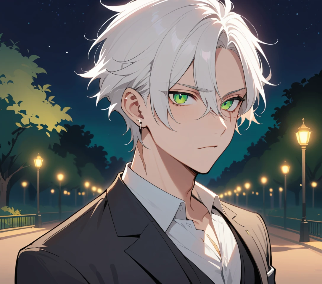 White haired man in a black suit standing in a night park