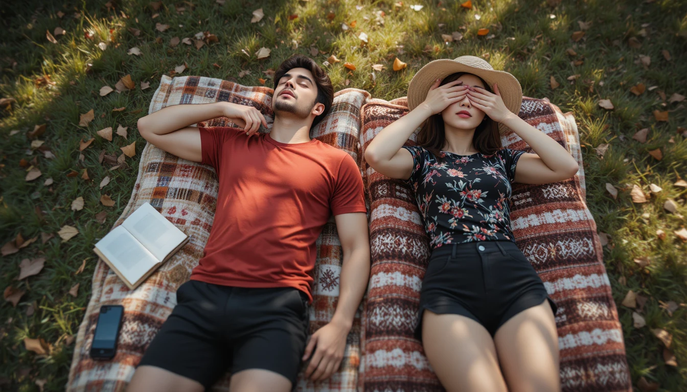 Couple Relaxing On Blankets In Sunny Park Setting