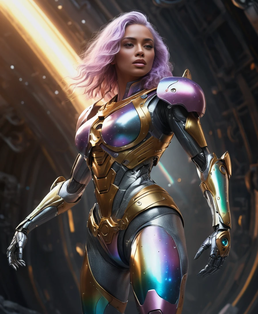 Curvy space explorer woman advancing from the shadows