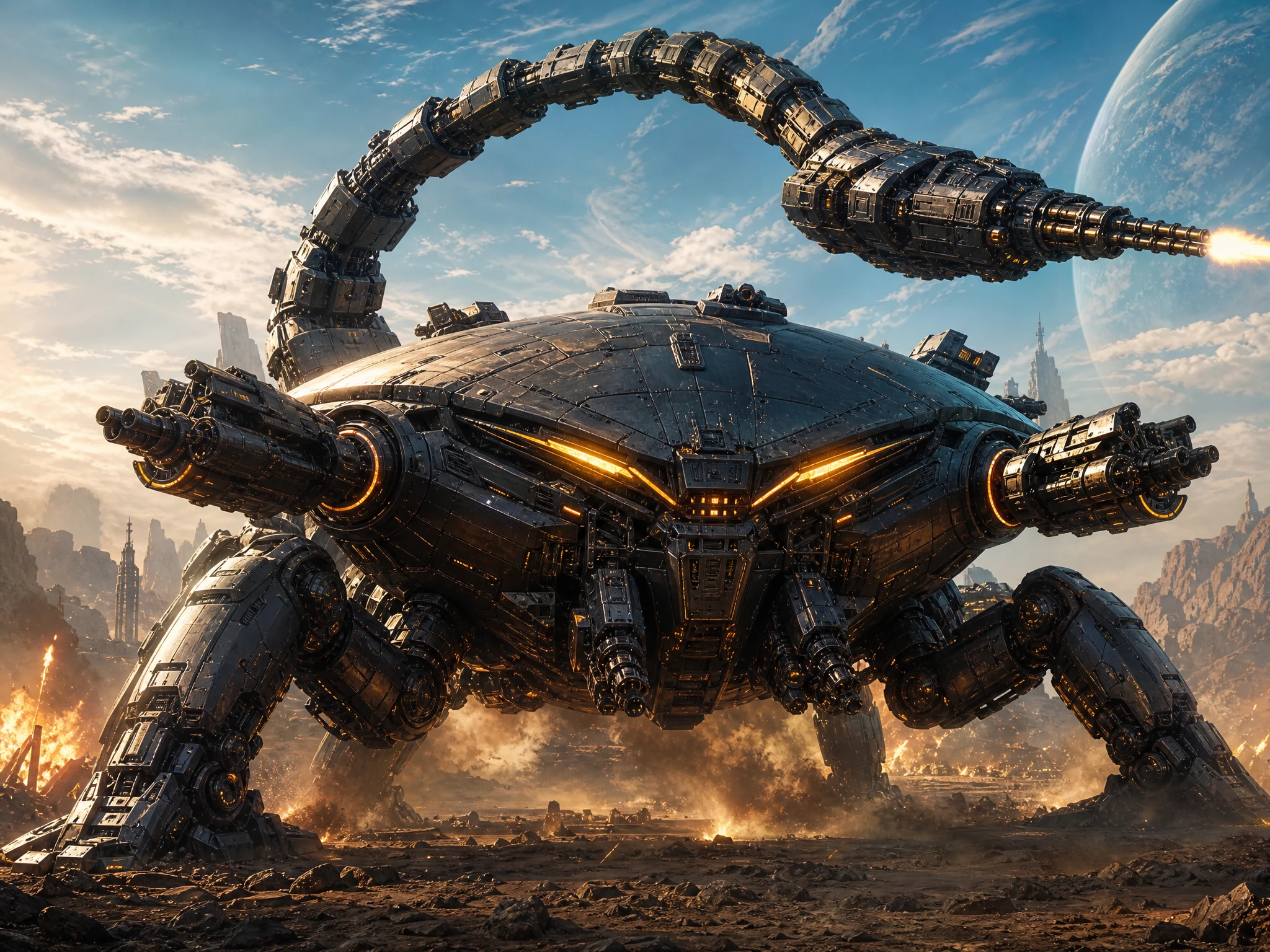 Colossal armored mecha towering over a blazing alien battlefield