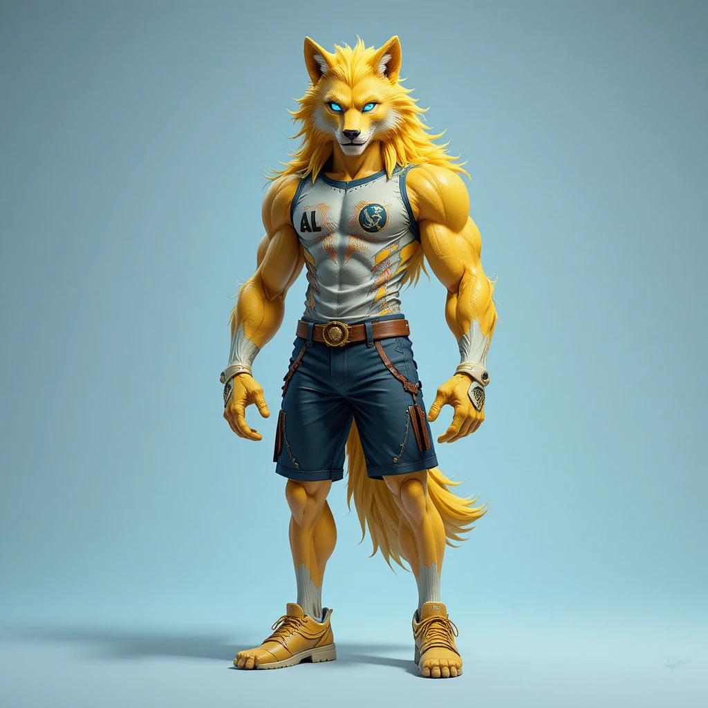 Cute tall yellow cartoon wolf character with rgb details
