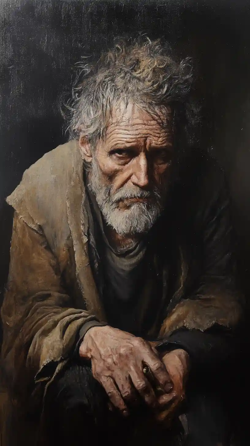 Exhausted old man portrait with cigarette and walking stick