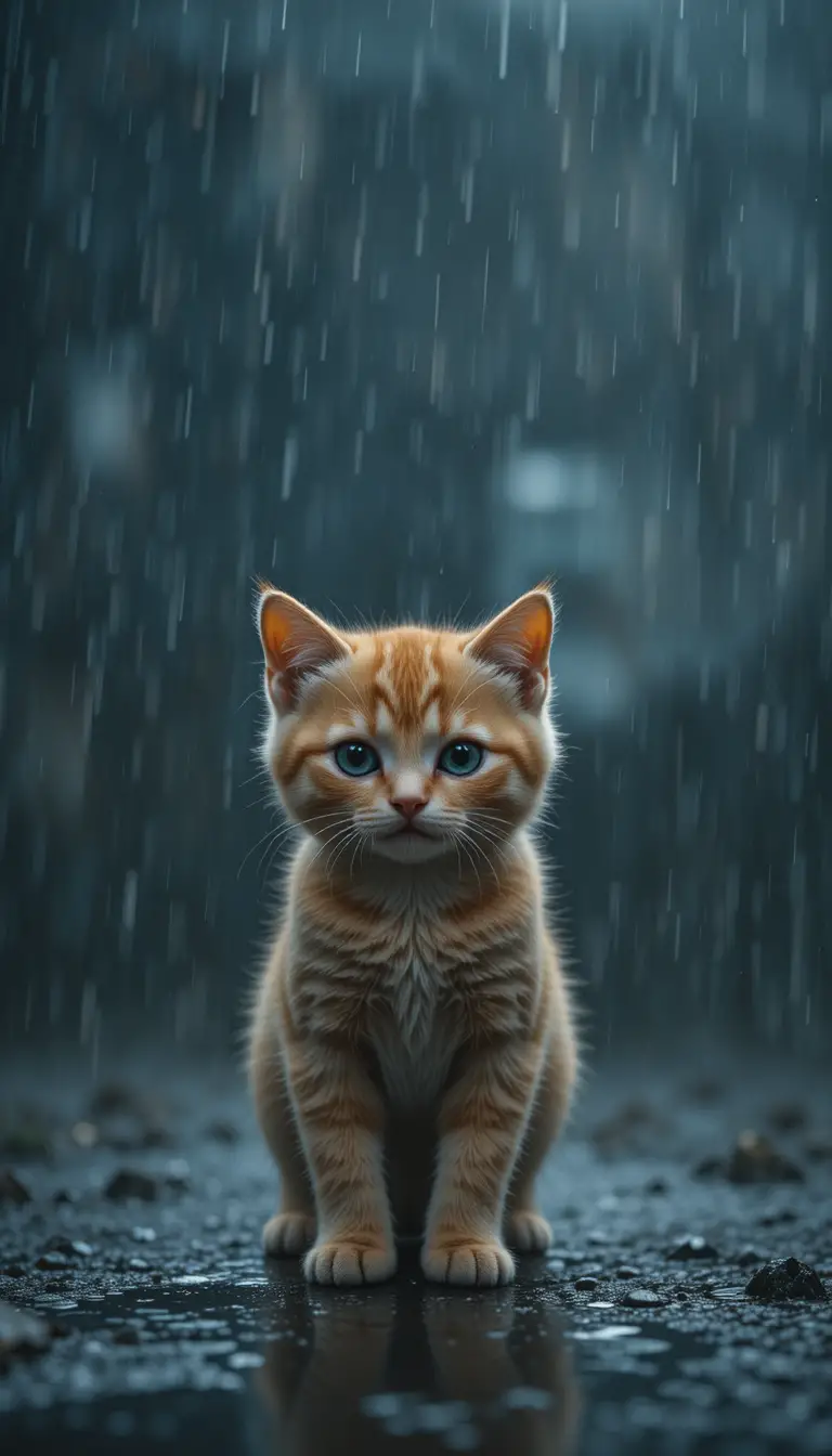 Small orange kitten alone in heavy rain with sad eyes