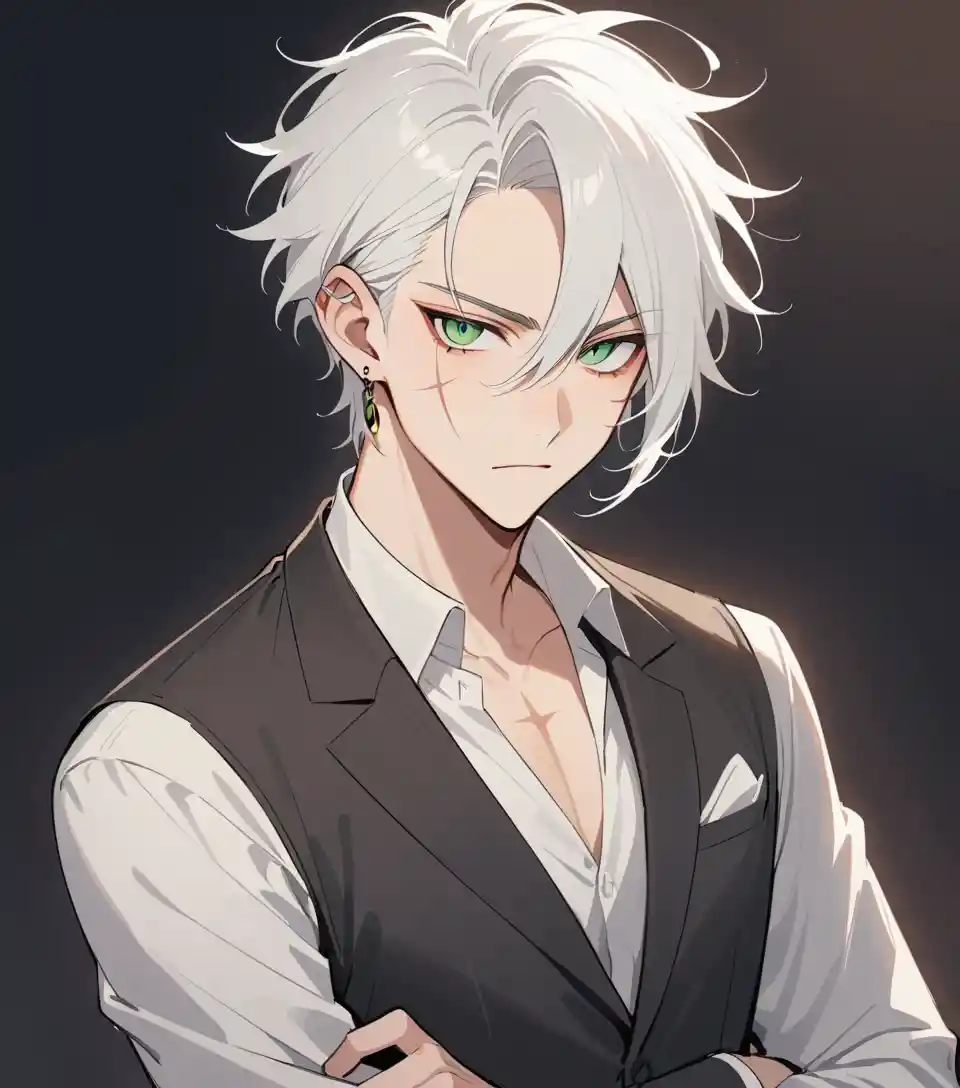 White haired man with green eyes in a black suit