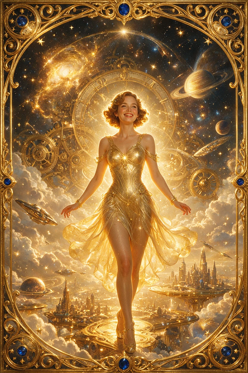 Retro futuristic heroine smiling in golden ethereal light