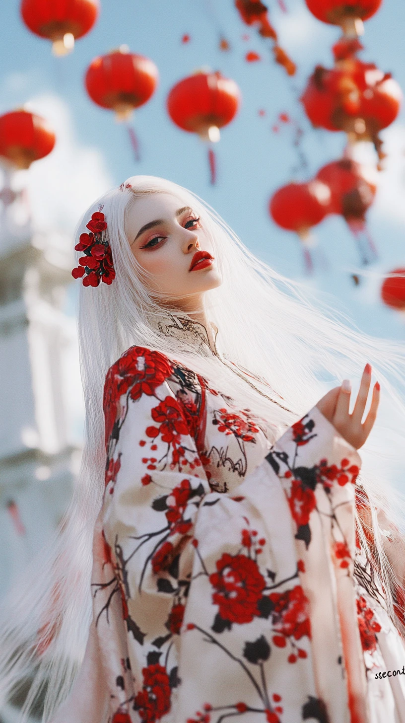 Ethereal white haired woman in a futuristic utopian city