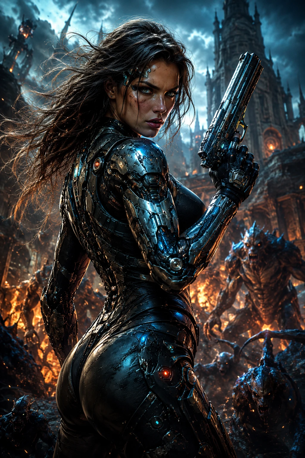 Cyborg warrior woman aiming pistol in dramatic light