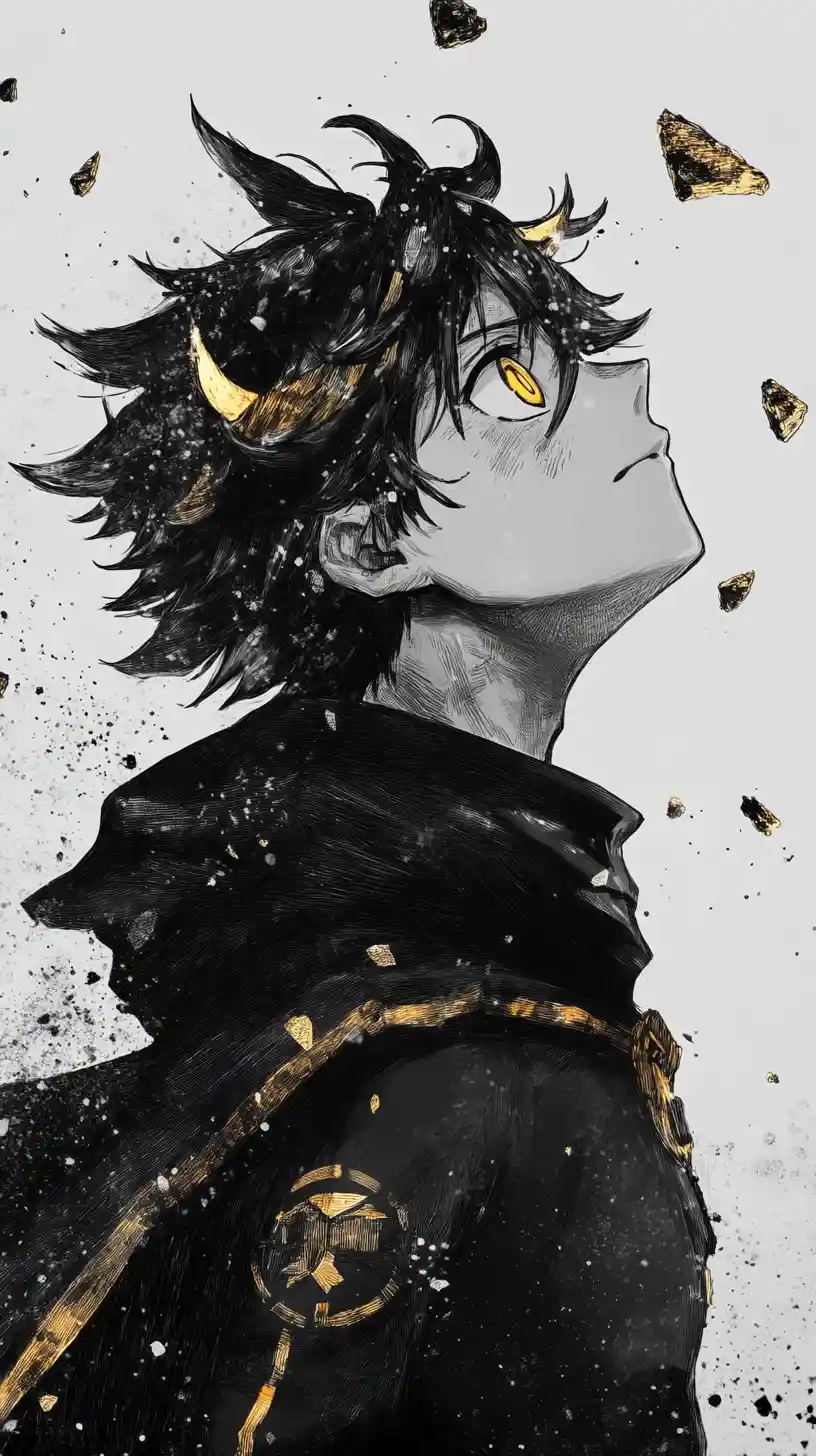 Stoic anime hero portrait with glowing golden fragments