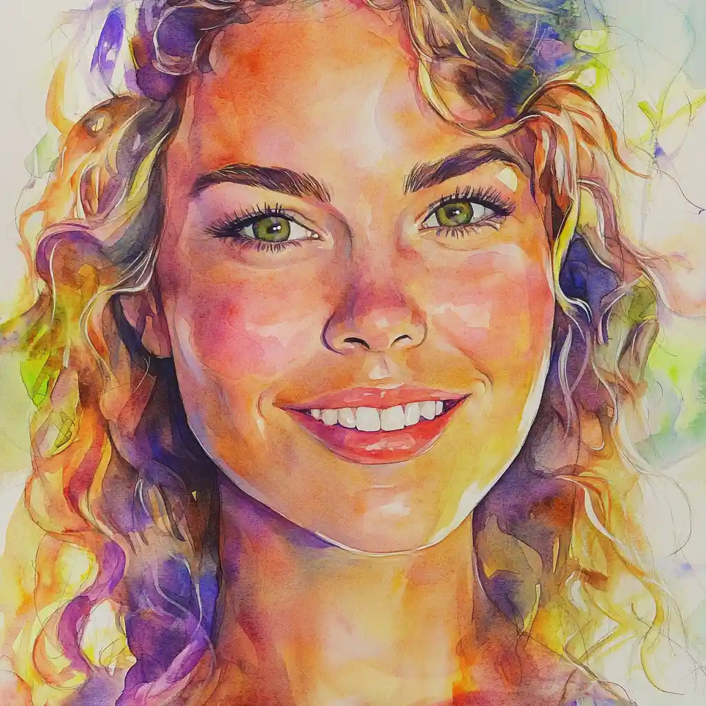 Colorful watercolor portrait of a smiling green eyed woman