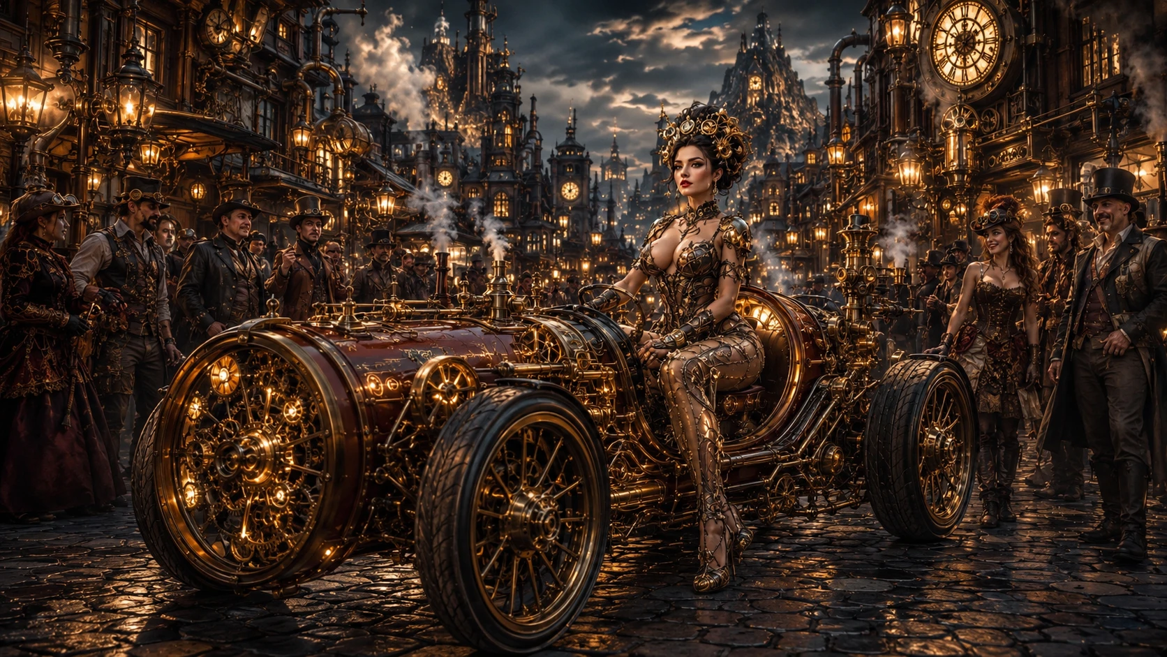 Steampunk woman driving ornate brass automobile at dusk