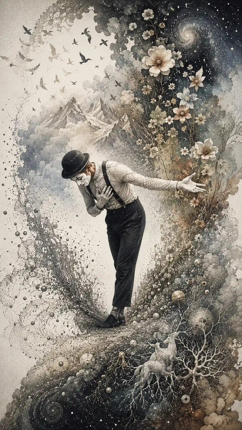 Elegant mime taking a theatrical bow on a surreal stage