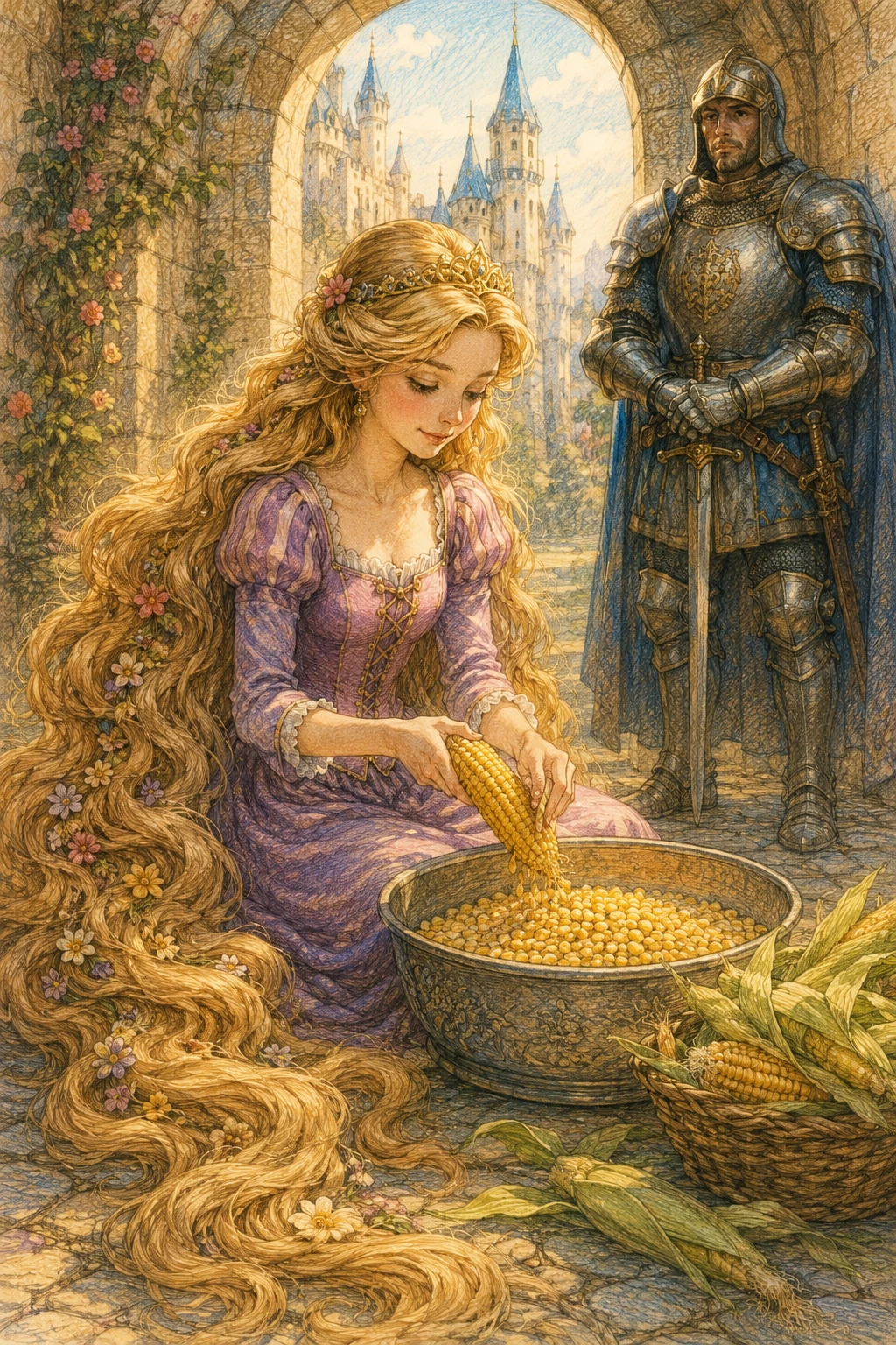 Fairytale princess with long wavy hair preparing fresh corn