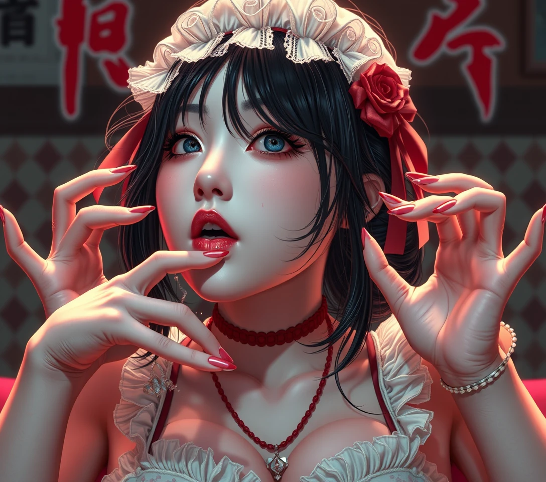Mulher surreal em cena de terror cômico e sombrio