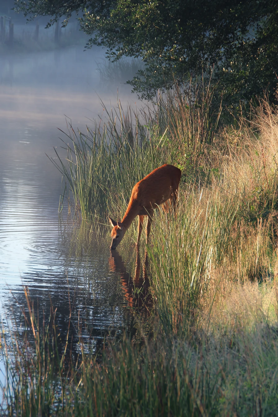 Small red doe drinking beside a misty lakeside