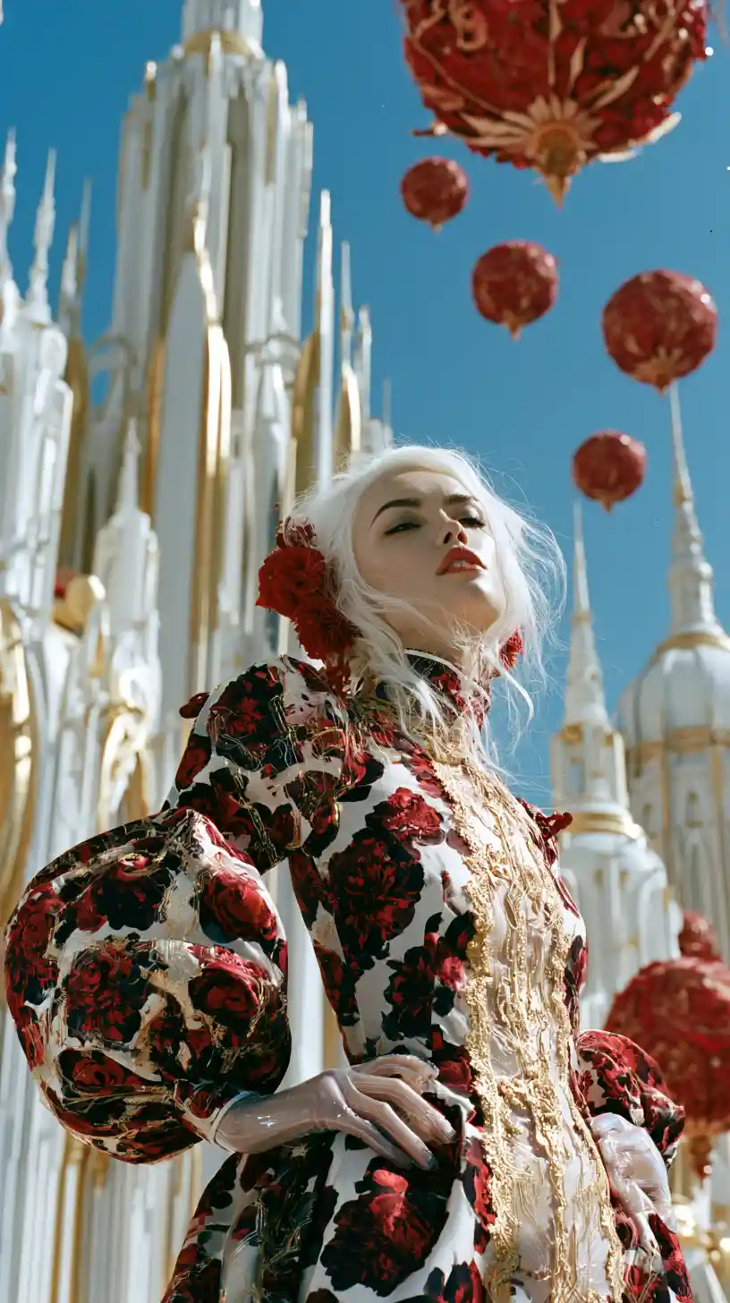 White haired woman in silk robe in utopian future city