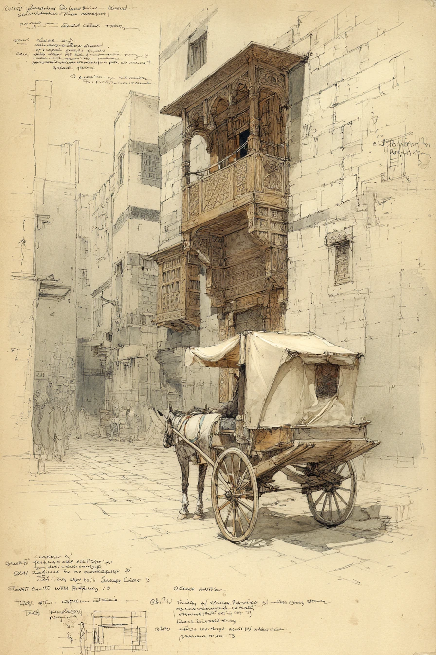 Architectural sketch of an old Cairo street with donkey cart