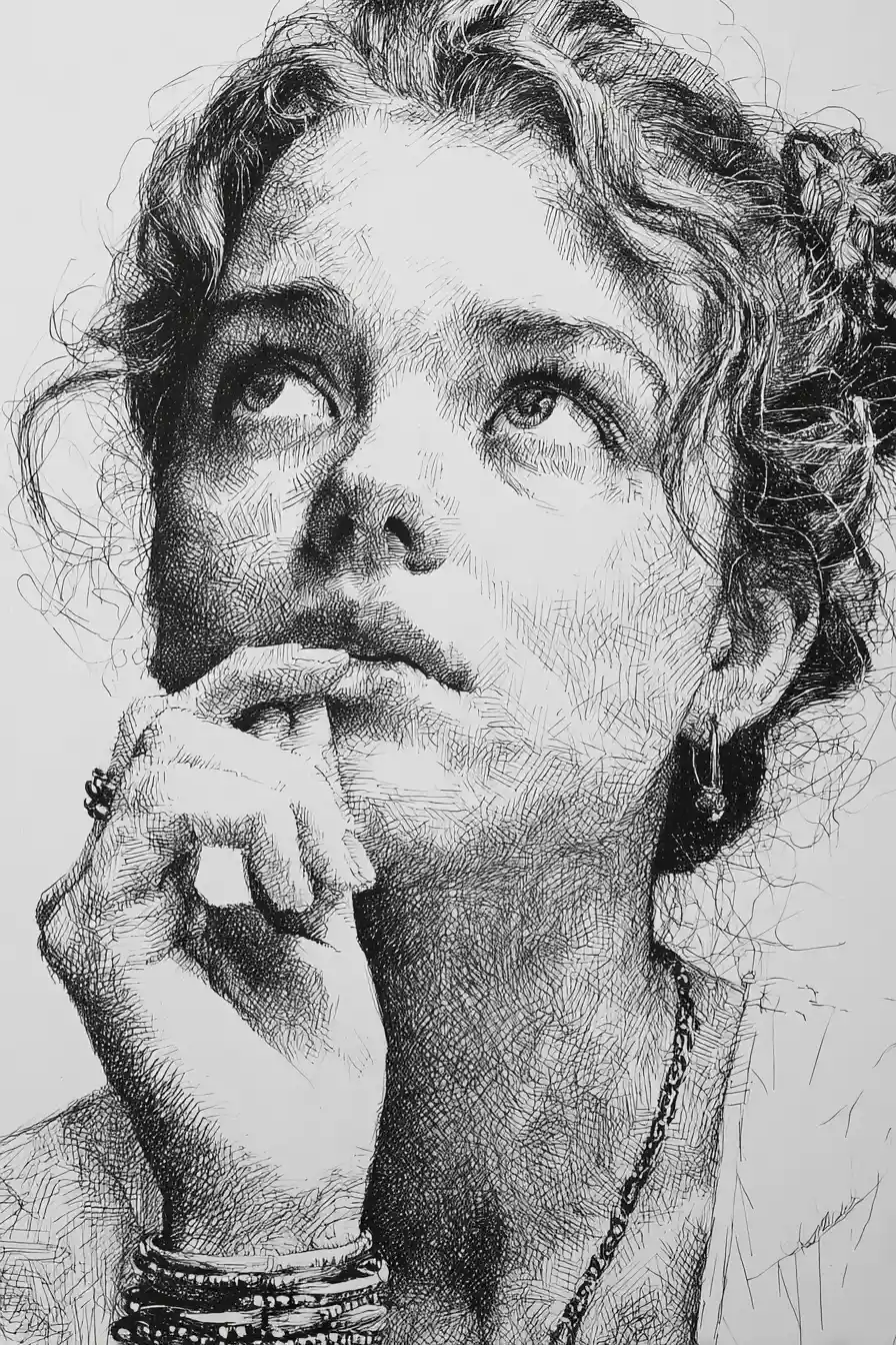 Thoughtful ink portrait of a young woman in close up