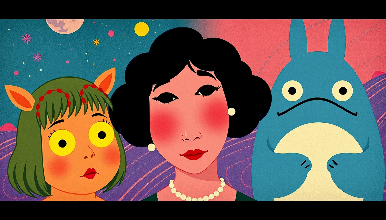 Whimsical fantasy characters in bold retro graphic style