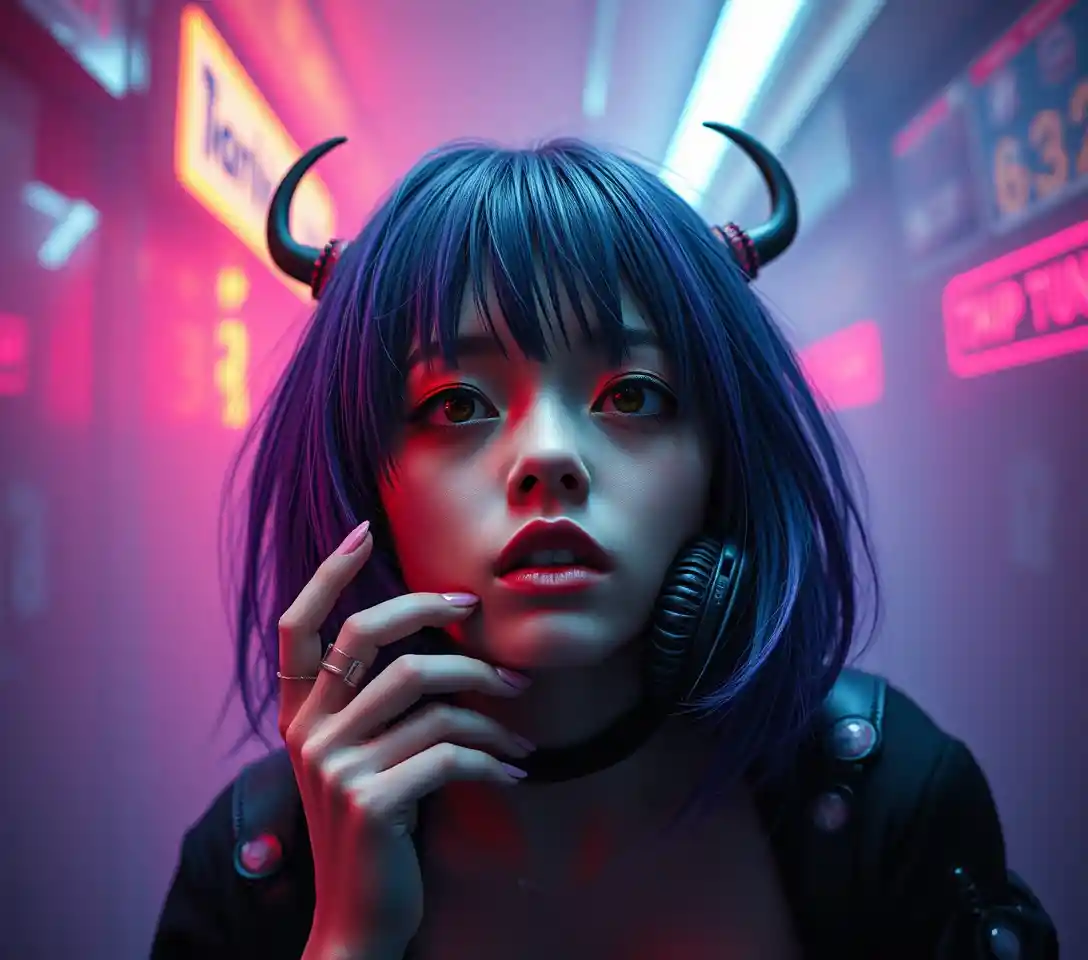 Surreal fantasy woman in vivid pop horror portrait
