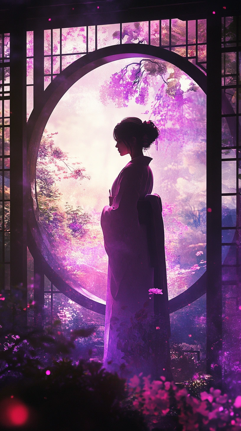 Woman in kimono framed by circular window in fantasy garden