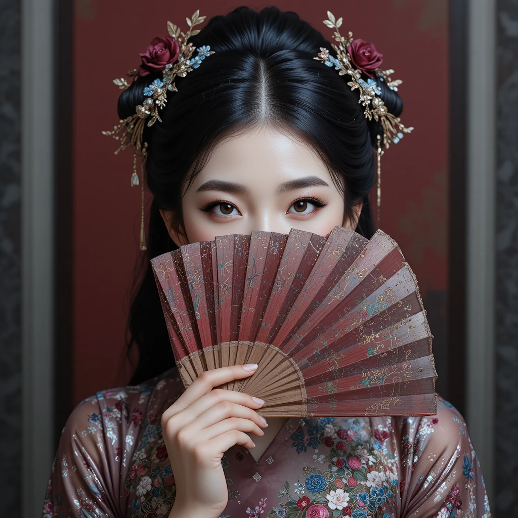 Elegant Asian girl with fan hiding half her painted face