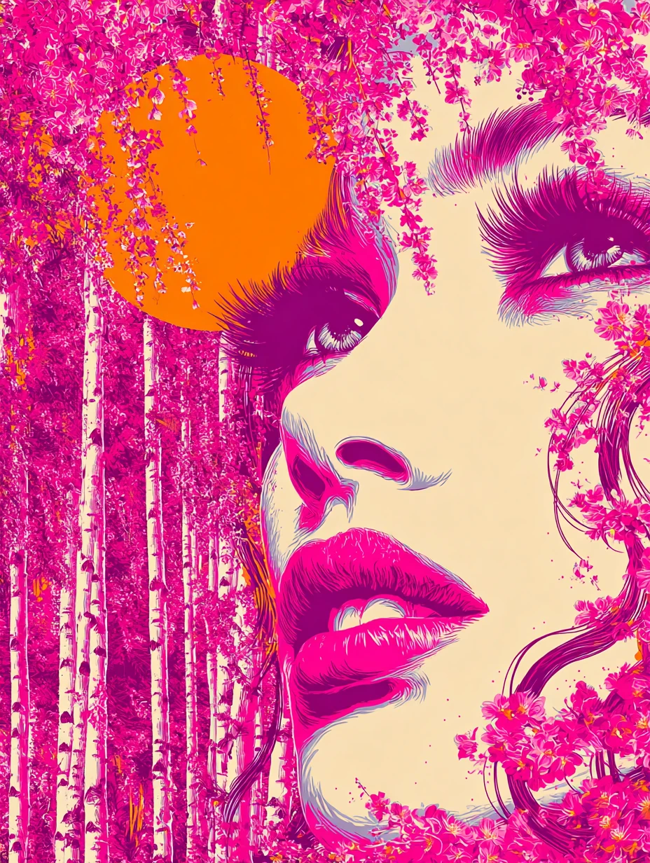 Surreal woman beneath cascading petals and a radiant sun