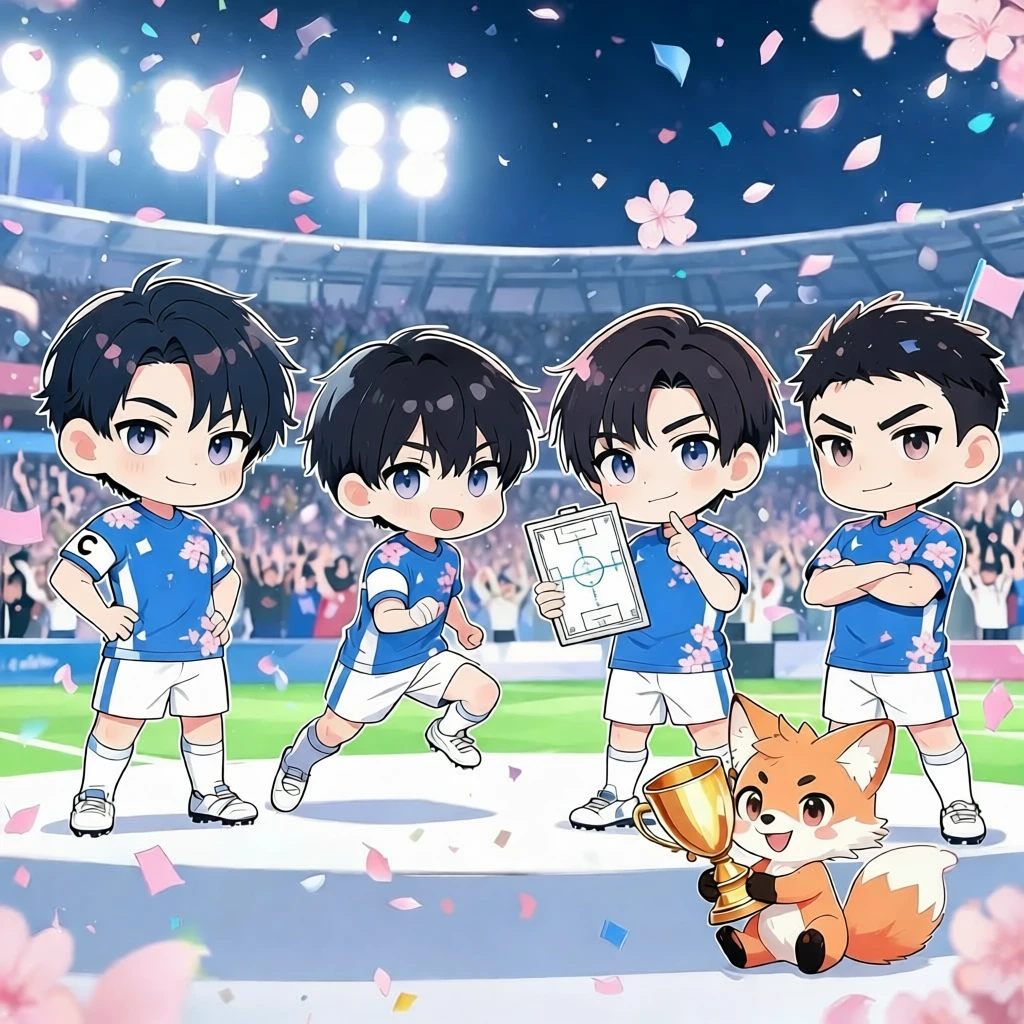 스타디움의 여우 마스코트와 함께한 귀여운 치비 축구팀