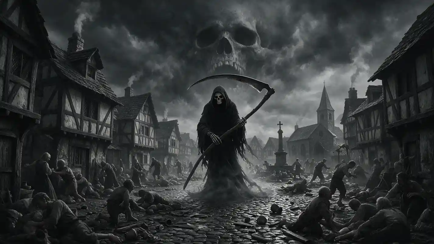 Terrifying grim reaper over plague ridden grayscale village