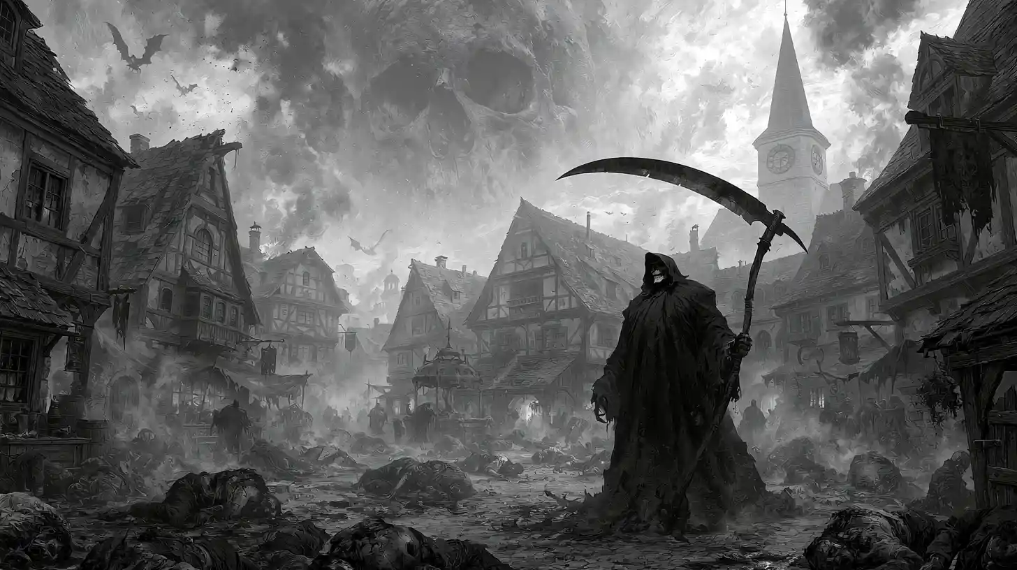 Grim reaper towers over plague stricken grayscale village scene