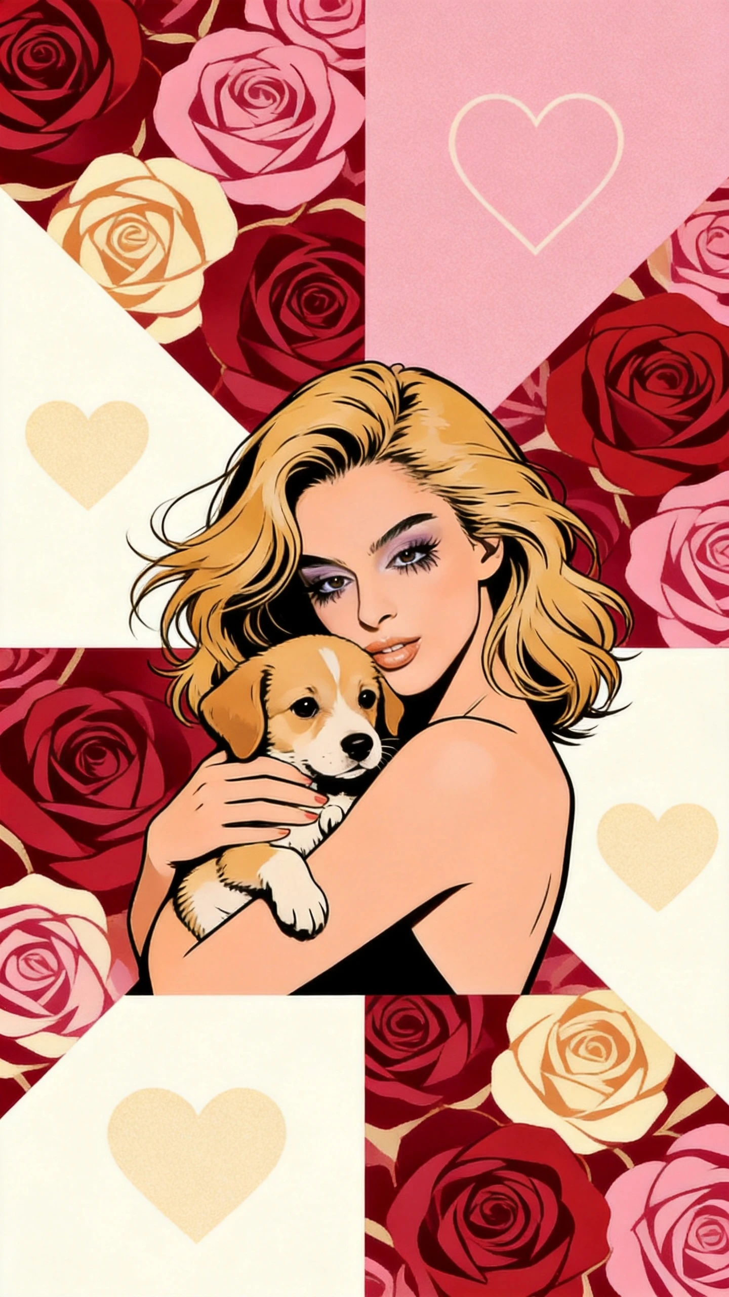 Tender woman holding a puppy in a retro editorial illustration