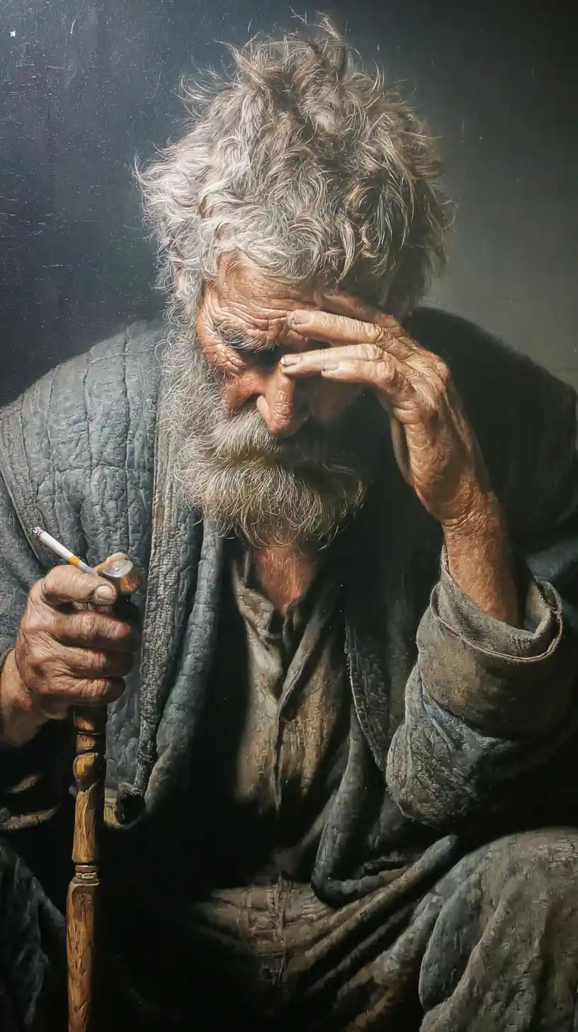 Weary old man with cigarette in a dramatic studio portrait