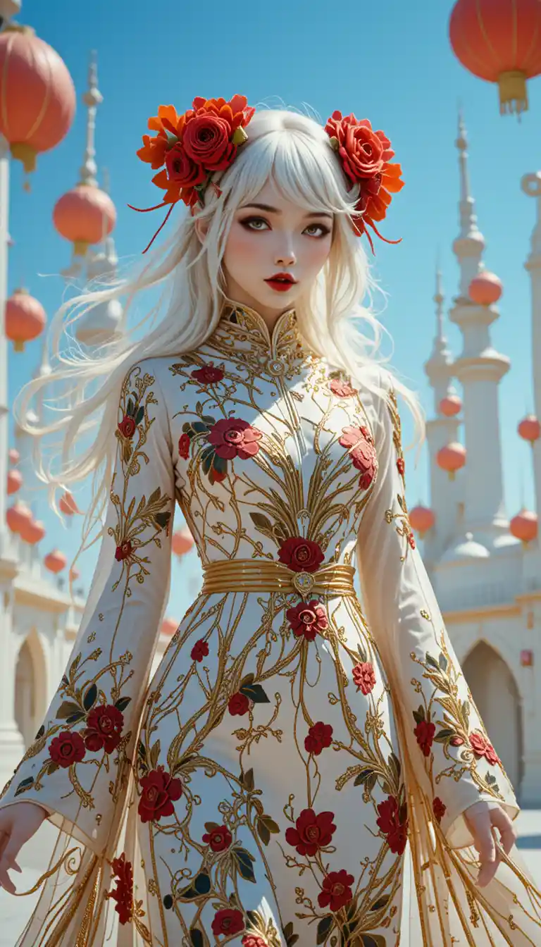 Futuristic woman in embroidered robe under bright city sunlight