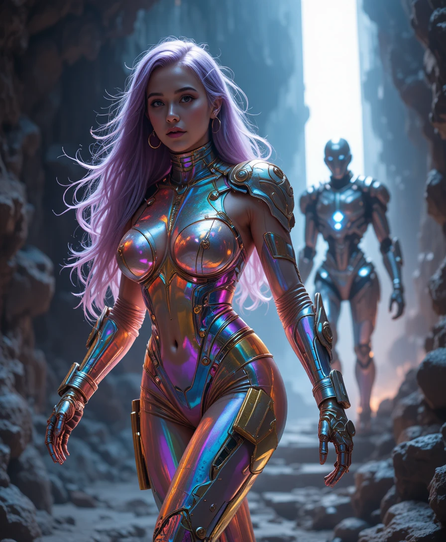 Sci fi woman in armored suit advancing from the shadows
