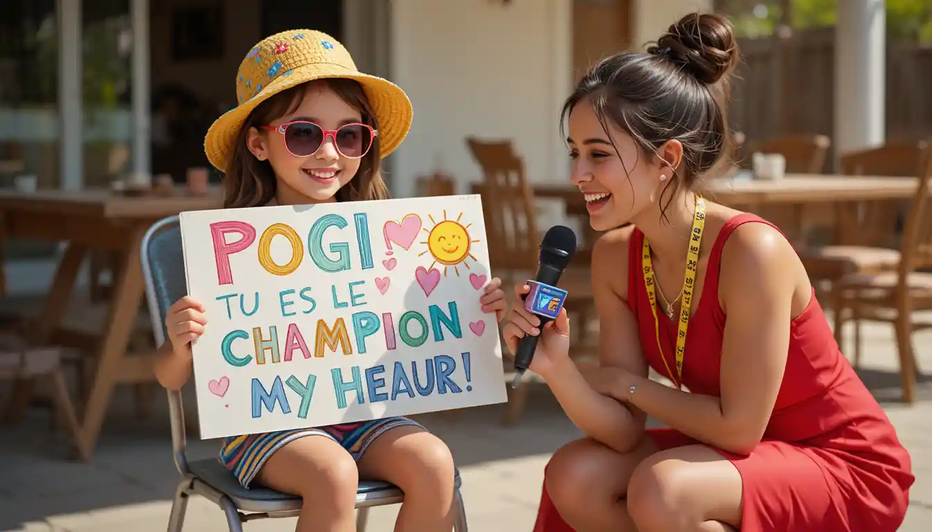Girl holding colorful heart sign during outdoor interview